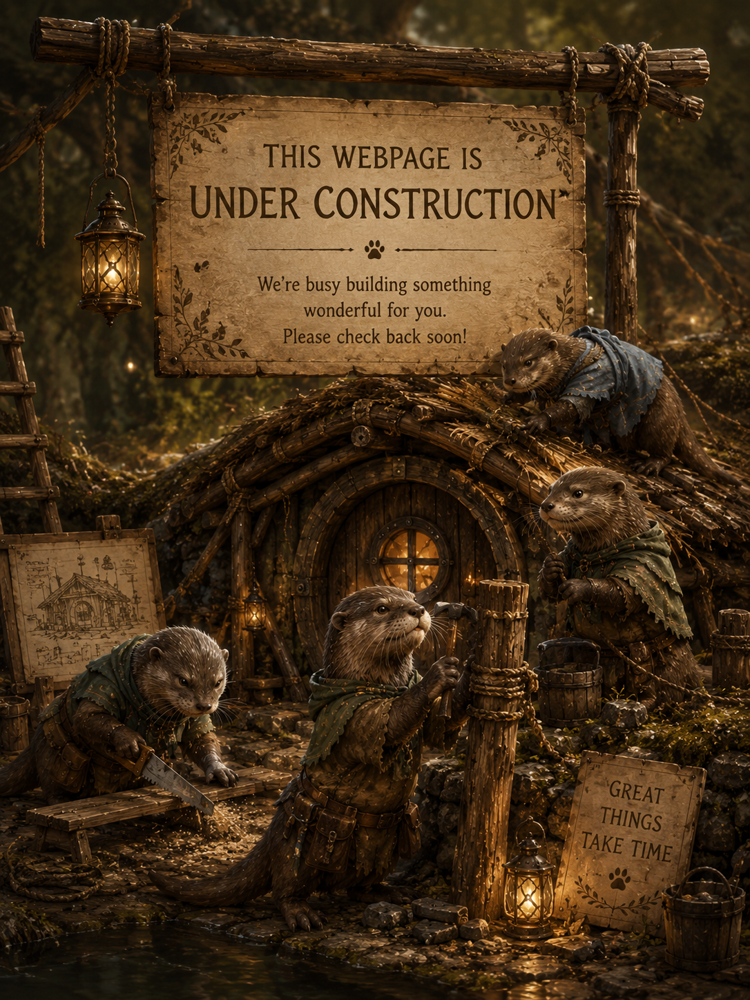 Otterfolk builders working on a cozy burrow house with an under construction sign